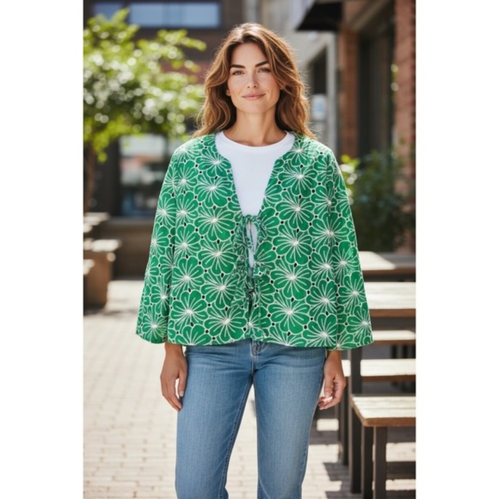 Marc New York Green Floral Embroidered Tie Front Jacket L